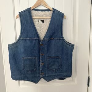 Vintage Wrangler Sherpa Lined Blue Jean Denim Vest Mens Size XL Cowboy Western